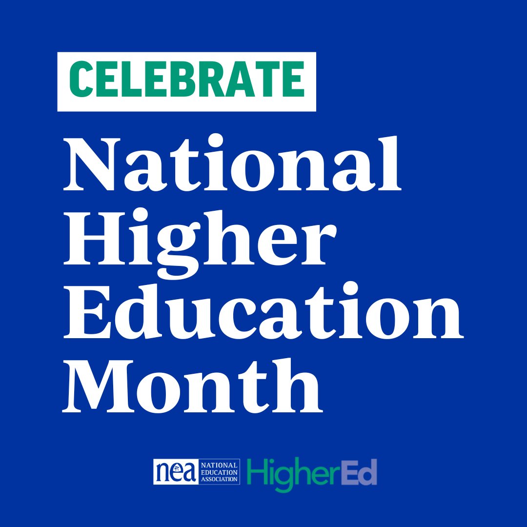 NEAToday's tweet photo. As we wrap up National Higher Education Month, letโs continue to support the faculty, staff, and grad workers who help shape the future of our leaders and workforce. Stay informed at https://t.co/E5vdlHV4ey. #NHEM #HigherEdMonth https://t.co/h0LobEeiR4