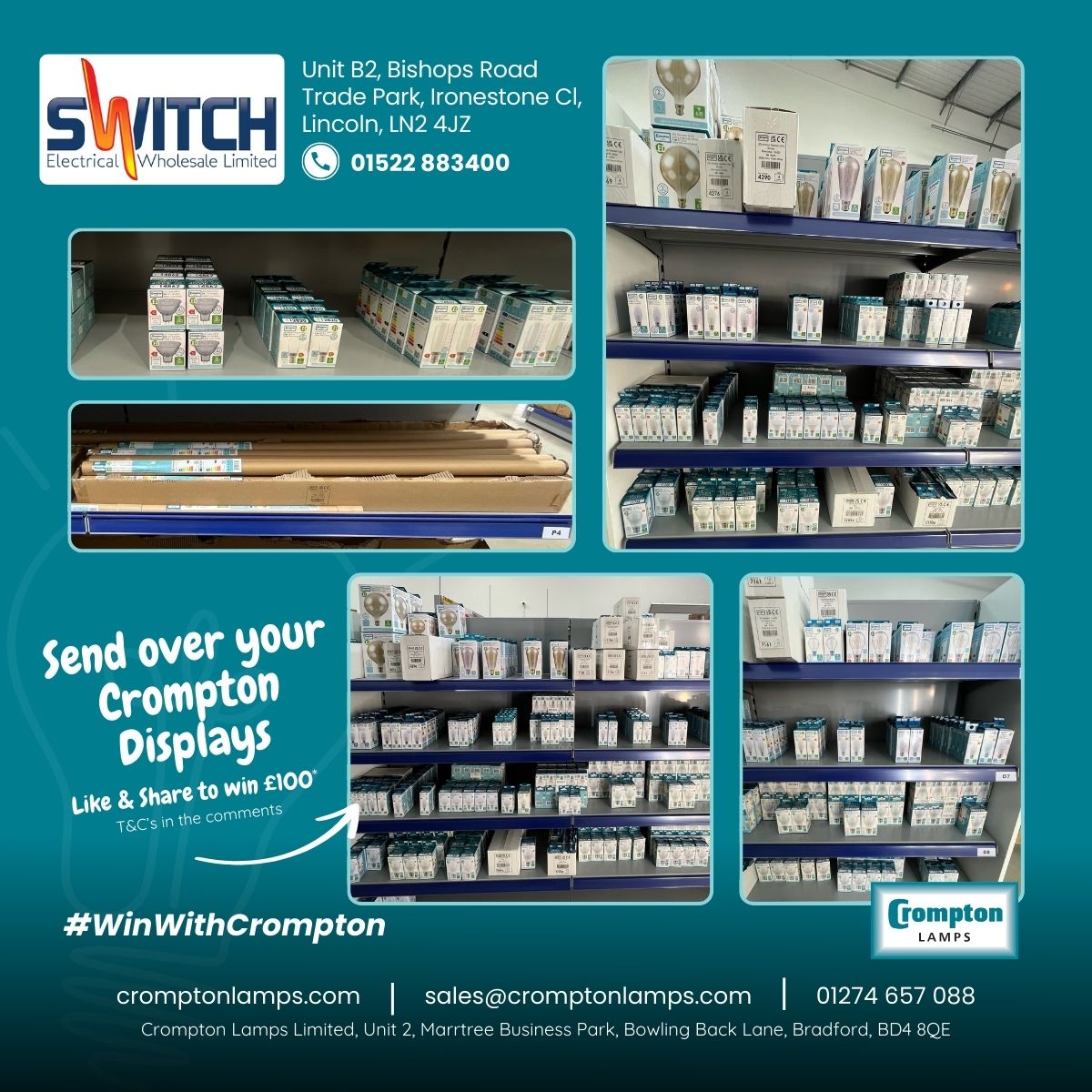 CromptonLamps's tweet photo. Thanks to Sian and the amazing team at Switch Electrical Wholesale Limited, Lincoln branch, for sending in some fantastic photos of our lamp range! ๐ก
Send us your photos for a chance to win!
#CromptonLamps #WinWithCrompton #SwitchElectrical https://t.co/WTY94kFXmz