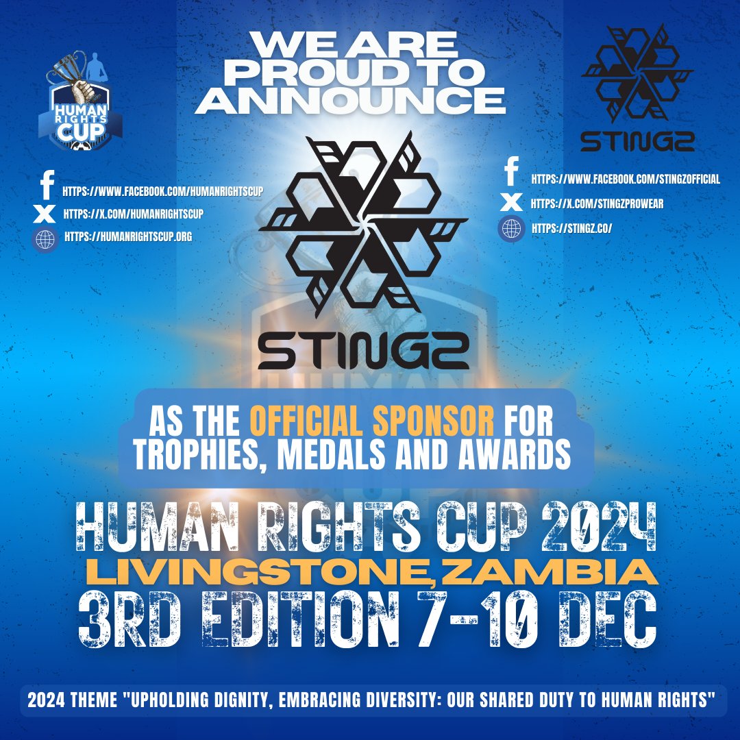 We are PROUD TO ANNOUNCE that <a href="/StingzProwear/">Stingz Official</a> will be the official SPONSOR for TROPHIES, MEDALS and AWARDS. #stingzprowear have a remarkable mark in the craftsmanship and custom-designed professional sports apparel. Website link stingz.co #humanrightscup2024