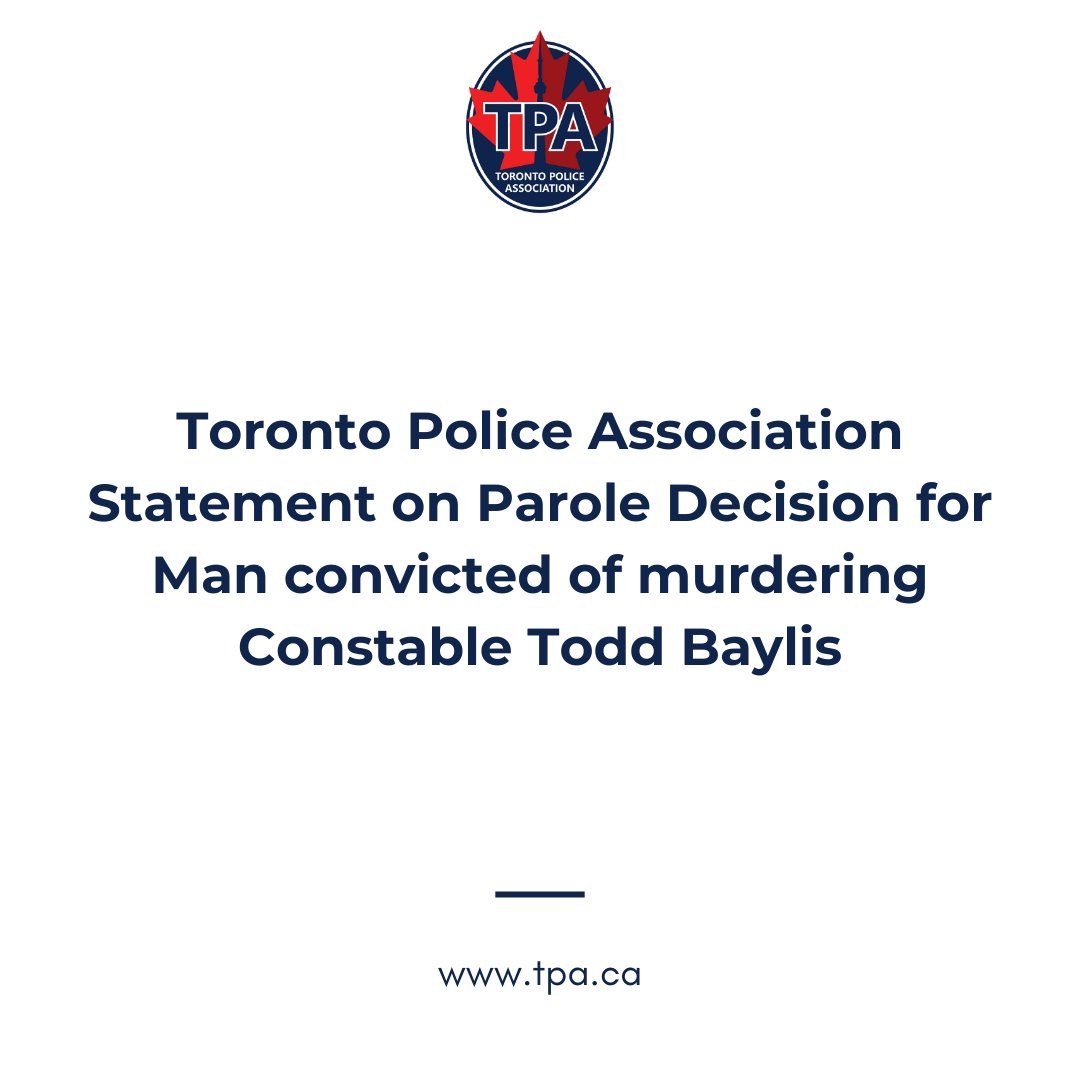 TPAca's tweet photo. The Toronto Police Association (TPA) is pleased with the decision of the Parole Board of Canada (PBC) who decided yesterday to deny parole for Clinton Gayle, the man responsible for the execution-style murder of Constable Todd Baylis and the attempt murder of then-Constable Mike Leone.  

“We are pleased with the decision and take some comfort in knowing the Parole Board of Canada has understood what we have been arguing for years that Clinton Gayle still represents a threat to public safety,” said TPA President @TPACampbell. “For as long as he lives, the TPA will continue to advocate on behalf of the Baylis and Leone families to keep Gayle behind bars.”  

Thirty years ago, on June 17, 1994, Constable Baylis and his partner, then-Constable Leone, were conducting a walk-through of a building complex near 12 Division when they attempted to arrest Gayle, who was wanted for drug trafficking. Gayle punched Baylis and shot Leone in the shoulder and back. As Todd laid on the ground with a broken ankle, Gayle shot him in the head at close range. He then attempted to shoot Leone again, but his gun jammed.  

Two years later, in 1996, Gayle was convicted of First Degree Murder and Attempt Murder and sentenced to two life sentences.  

“This decision offers some reassurance to the families, friends, and colleagues of Todd Baylis and Mike Leone,” continued Campbell. “Todd paid the ultimate price for protecting our city. We owe it to him, and to every police officer who has come before and after him, to never forget his sacrifice.”