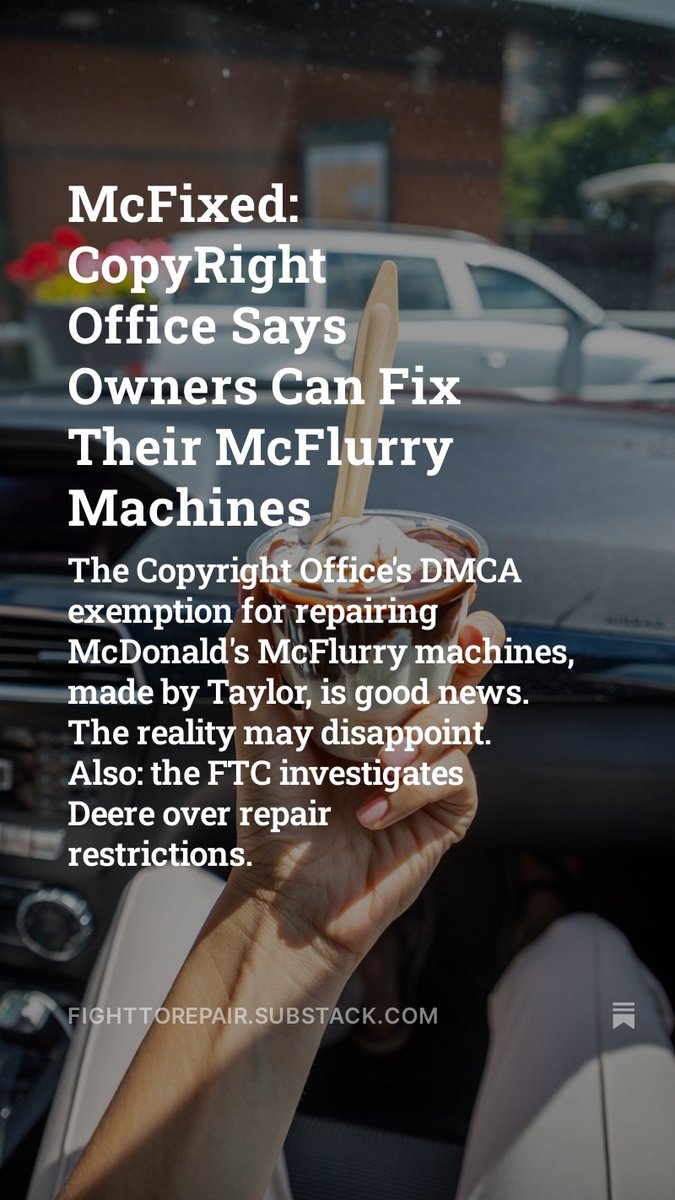 Fight to Repair News (@f2rnews) on Twitter photo In our latest newsletter: The <a href="/CopyrightOffice/">US Copyright Office</a> #DMCA
#1201 exemption for repairing <a href="/McDonalds/">McDonald's</a> #McFlurry machines is good news. The reality may disappoint. Also: the <a href="/FTC/">FTC</a> investigates <a href="/JohnDeere/">John Deere USA</a> over repair restrictions. #righttorepair open.substack.com/pub/fighttorep… In our latest newsletter: The <a href="/CopyrightOffice/">US Copyright Office</a> #DMCA
#1201 exemption for repairing <a href="/McDonalds/">McDonald's</a> #McFlurry machines is good news. The reality may disappoint. Also: the <a href="/FTC/">FTC</a> investigates <a href="/JohnDeere/">John Deere USA</a> over repair restrictions. #righttorepair open.substack.com/pub/fighttorep…