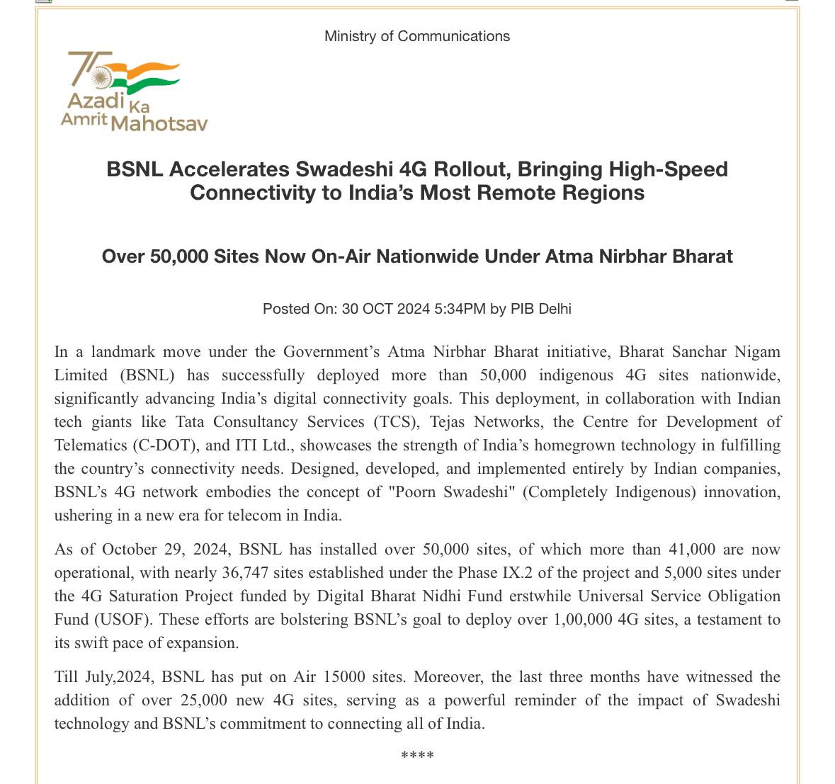 BSNL Accelerates Swadeshi 4G Rollout, Bringing High-Speed Connectivity to India’s Most Remote Regions

For more details: pib.gov.in/PressReleasePa…