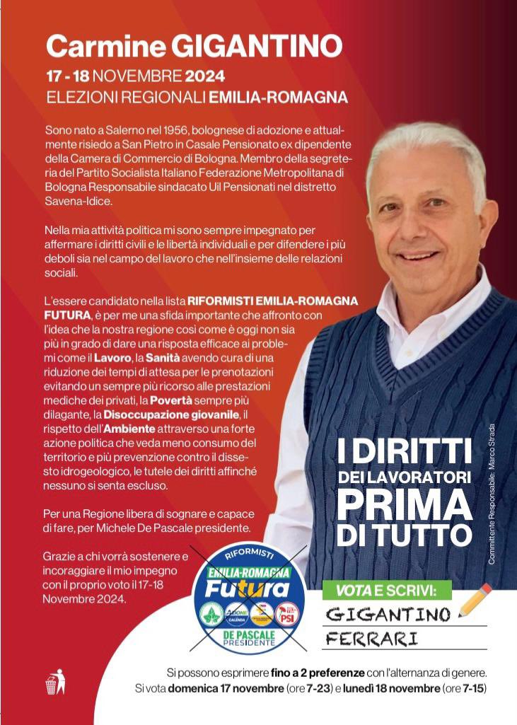 Nella lista 
#riformistiemiliaromagnafutura ,le competenze e l’esperienza sono il punto di forza dei nostri candidati.
#CarmineGigantino 
Responsabile <a href="/UILofficial/">Uil Nazionale</a> pensionati nel distretto Savena /Idice 
Si è caratterizzato nei suoi anni di militanza per l’attenzione che ha