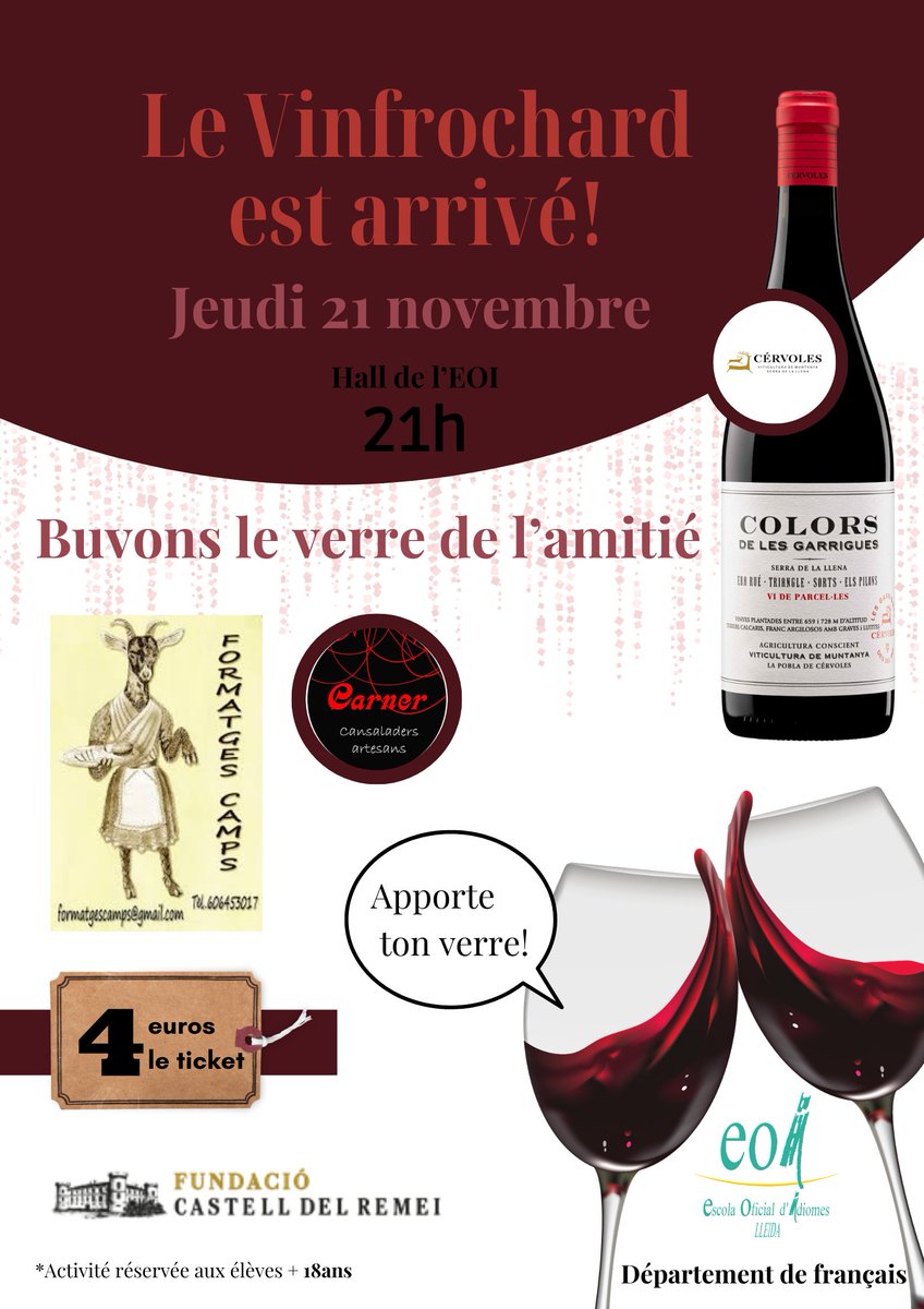 Cette année le département de français vous convie à une version améliorée du Beaujolais, avec dégustation de produits du terroir: vin, fromage et charcuterie km0, qui dit mieux?😋

C'est 4€ le ticket.
Inscrivez-vous dès maintenant auprès de votre prof.