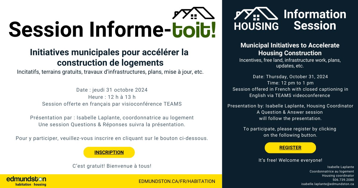The City of Edmundston is organising online information sessions on housing development. The first session takes place this Thursday, October 31, from noon to 1 pm, via the TEAMS platform. Registration: bit.ly/40kL5Gz