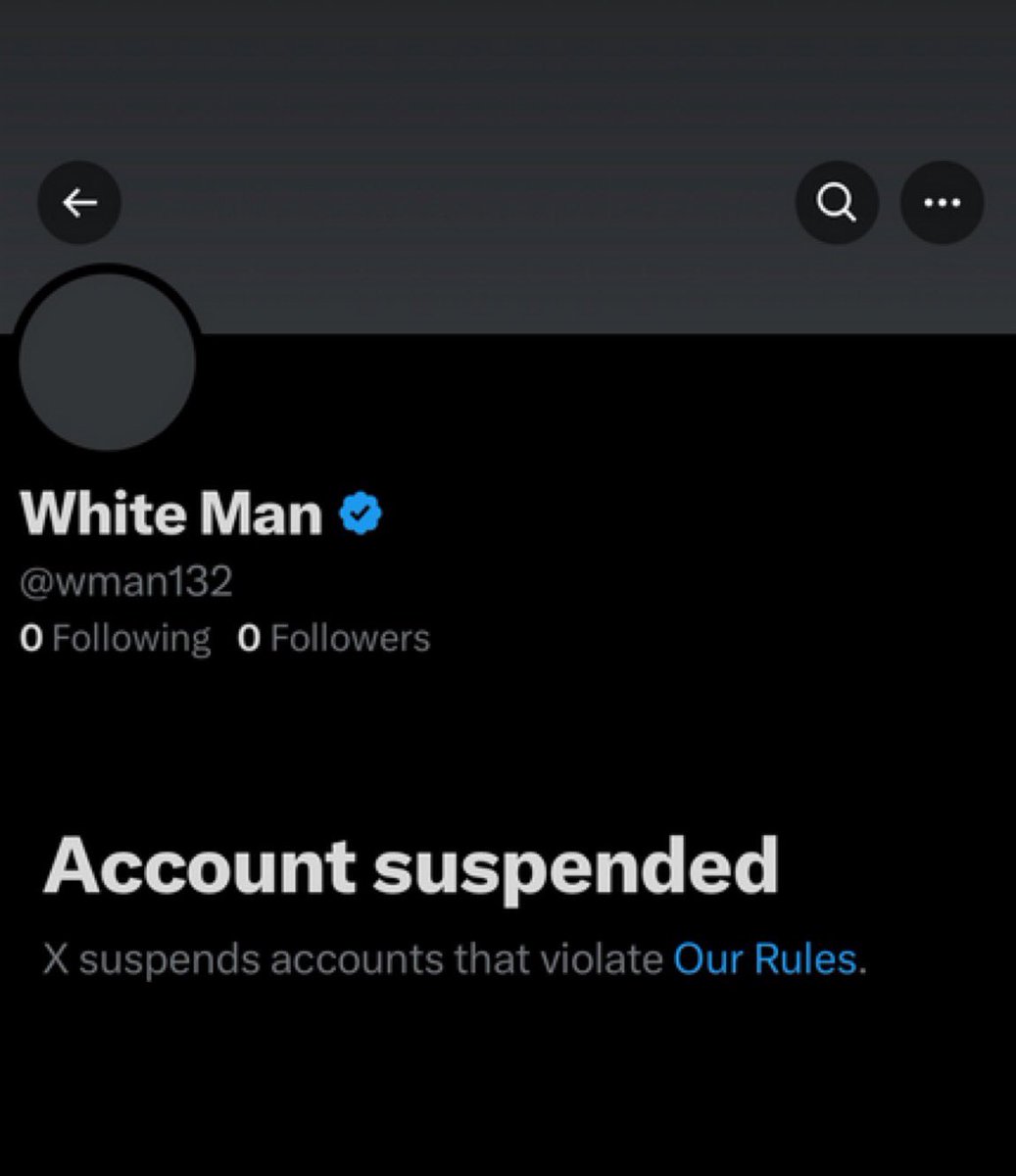 .@Elon musk
.<a href="/Support/">Support</a> 
Please reinstate the account of <a href="/wman132/">White Man</a> .
As a follower of his, I believe his account has never broken any kind of rule here on X. 
Please consider giving him his account back. He has always treated me &amp; others kindly &amp; respected others on X. 
Thank you!