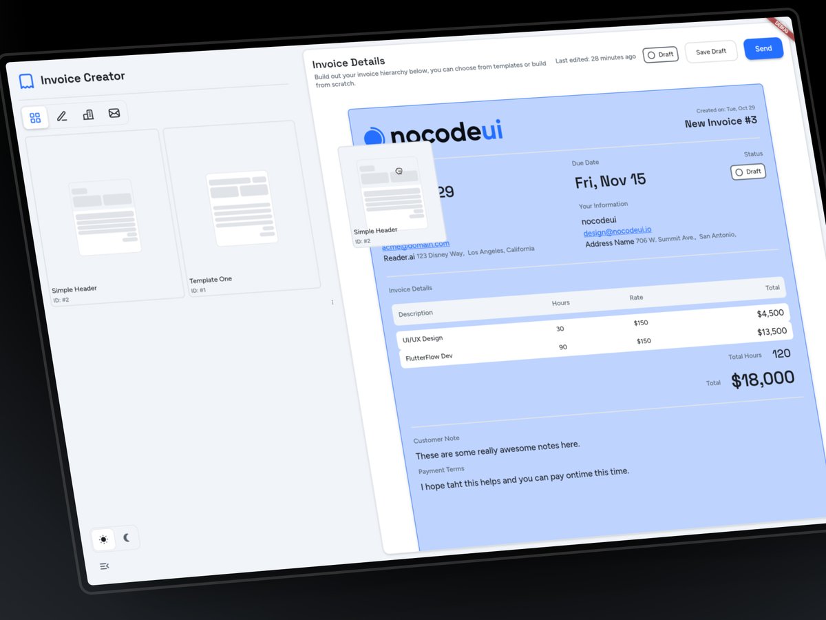 design_nocodeio's tweet image. Really enjoying some of the drag &amp;amp; drop functionality available in @flutterflow Utilizing it for some template creation in my #invoicecreator tool.

Not a bad little functionality... allows me to keep content but change the layout of the invoice... for now i&apos;ll just provided…