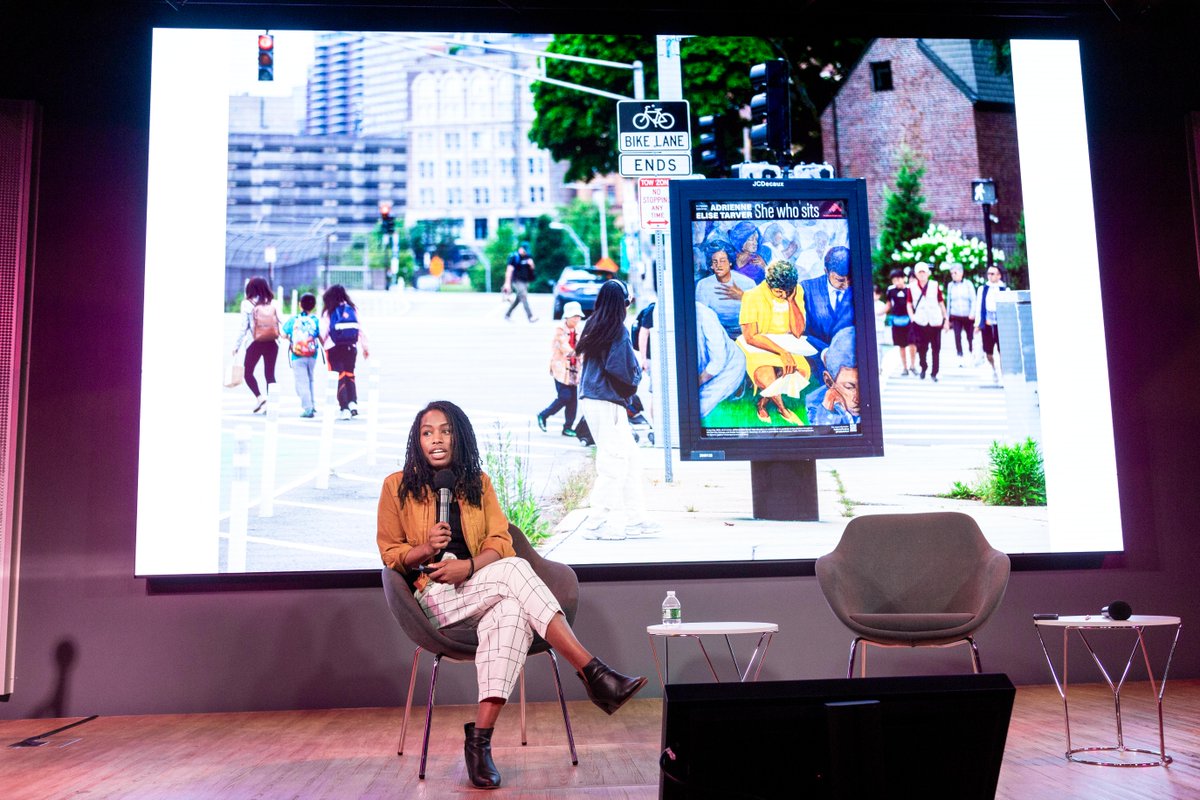 <a href="/BUVisualArts/">BU School of Visual Arts</a> <a href="/PublicArtFund/">publicartfund</a> <a href="/WBURCitySpace/">WBUR CitySpace</a> She who sits is Tarver’s first solo public art exhibition and features six new paintings 🖼️ foregrounding multifaceted Black female identities. The works are displayed on hundreds of bus shelters and newsstands in New York City, Chicago, and Boston. 🚏 🚌