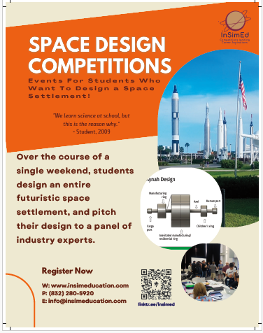 InSimEducation's tweet image. Pre-registrations are now open for InSim Education Space Design Competitions all over the United States!  Find a location near you and sign up today!  Contact InSim Education for more information at:  contact@insimeducation.com. @billallenisu @GoJacksSDSU