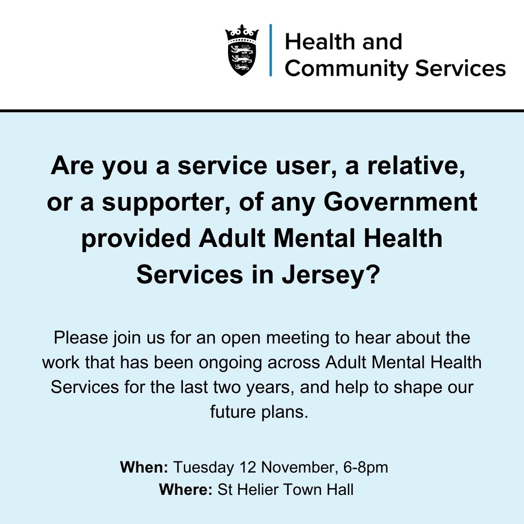 EVENT: Please join us on 12 Nov at <a href="/StHelierJsy/">Parish of St Helier</a> Town Hall, for the Adult Mental Health Services public open meeting.

Please retweet to help us reach more Islanders.