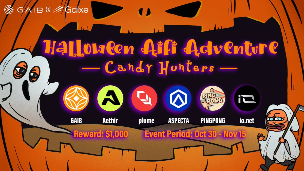 🎃 BOO! Ready for the sweetest Web3 hunt?

The Halloween AiFi Candy Hunt is LIVE!
⏰ Oct 30 - Nov 15
💰 1000U Prize Pool

👻 Event available on <a href="/GalxeQuest/">Galxe Quest</a>: app.galxe.com/quest/GAIB/GCK…

🎁 Special thanks to <a href="/plumenetwork/">Plume - RWAfi Chain</a> <a href="/AethirCloud/">Aethir</a> <a href="/ionet/">io.net</a> <a href="/aspecta_ai/">Aspecta - BuildKey 🔑</a> <a href="/pingpongbuild/">PINGPONG</a> for the epic