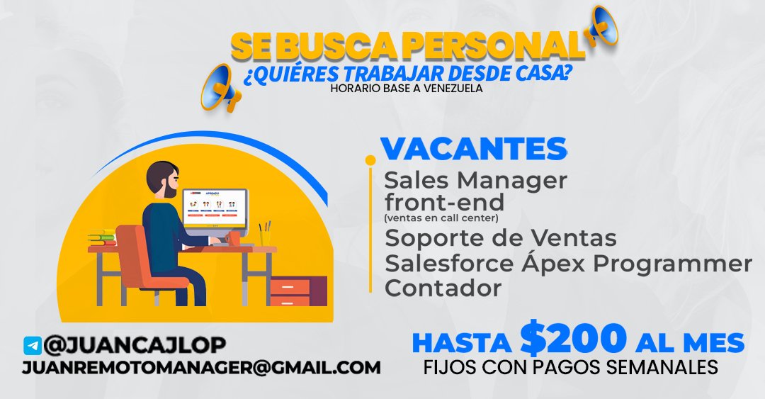 JuanLeonar88340's tweet photo. 👨🏻‍💻 OFERTA DE TRABAJO REMOTO 
Tenemos vacantes en nuevas empresas para los siguientes perfiles 

Puedes contactarme a mi Telegram o correo para tener más información 

Los trabajos son 100% en inglés y con pagos semanales https://t.co/iUICjL3YVk
