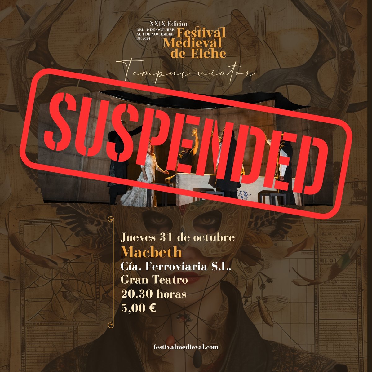 medievalelx's tweet photo. 🔴 ATENCIÓN 🔴 Quedan suspendidas todas las actividades que estaban programadas del Festival Medieval de Elche en muestra de luto y solidaridad por los efectos de la DANA.

*Algunas de las actuaciones serán aplazadas. Os iremos informando.

@ElxCultura @ajuntamentelx https://t.co/DhkAwdZ5VT