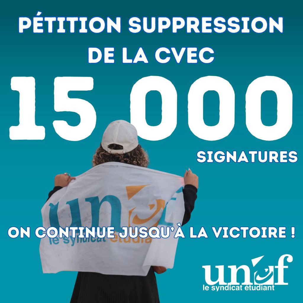 Notre pétition pour exiger la suppression de la CVEC atteint 15 000 signatures ! 
Continuons à la faire signer jusqu’à la victoire et l’abolition de cette taxe étudiante. 

Pour signer👇

chng.it/zp9J2xb4g5