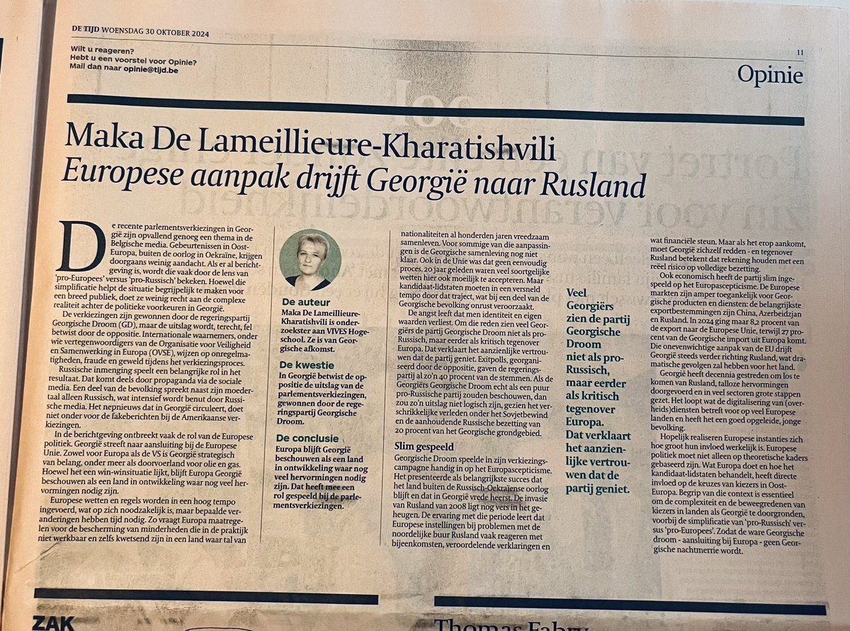 Opiniestuk in <a href="/tijd/">De Tijd</a>  vandaag!
Een poging tot analyse van hoe we in de huidige situatie in Georgië zijn beland.
We hebben niet decennialang gestreden om opnieuw richting onze noorderbuur geduwd te worden!
🇬🇪🇪🇺
