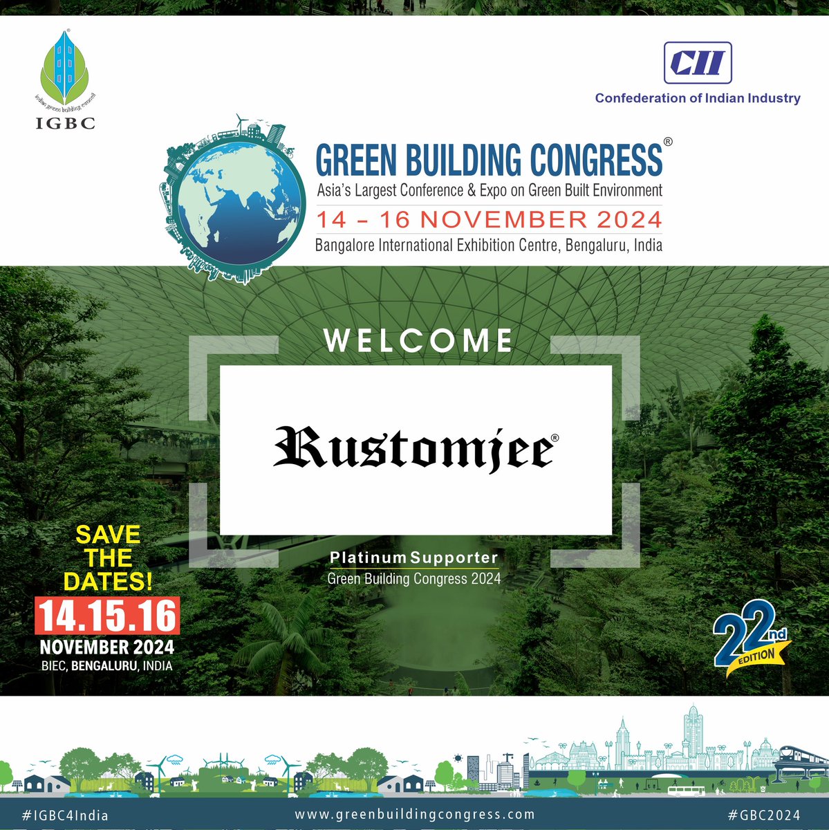 IGBConline's tweet photo. 🌍 Welcome, @RustomjeeSpaces Group as a Platinum Supporter of Green Building Congress 2024! 

Join us Nov 14-16 at BIEC, Bengaluru to advance India’s green building movement! 🌱🏢 

More: [https://t.co/RacXt7aGgc]

#GBC2024 #Sustainability #igbc #bangaloreevent #cii #NetZero https://t.co/HYmVORl0RI