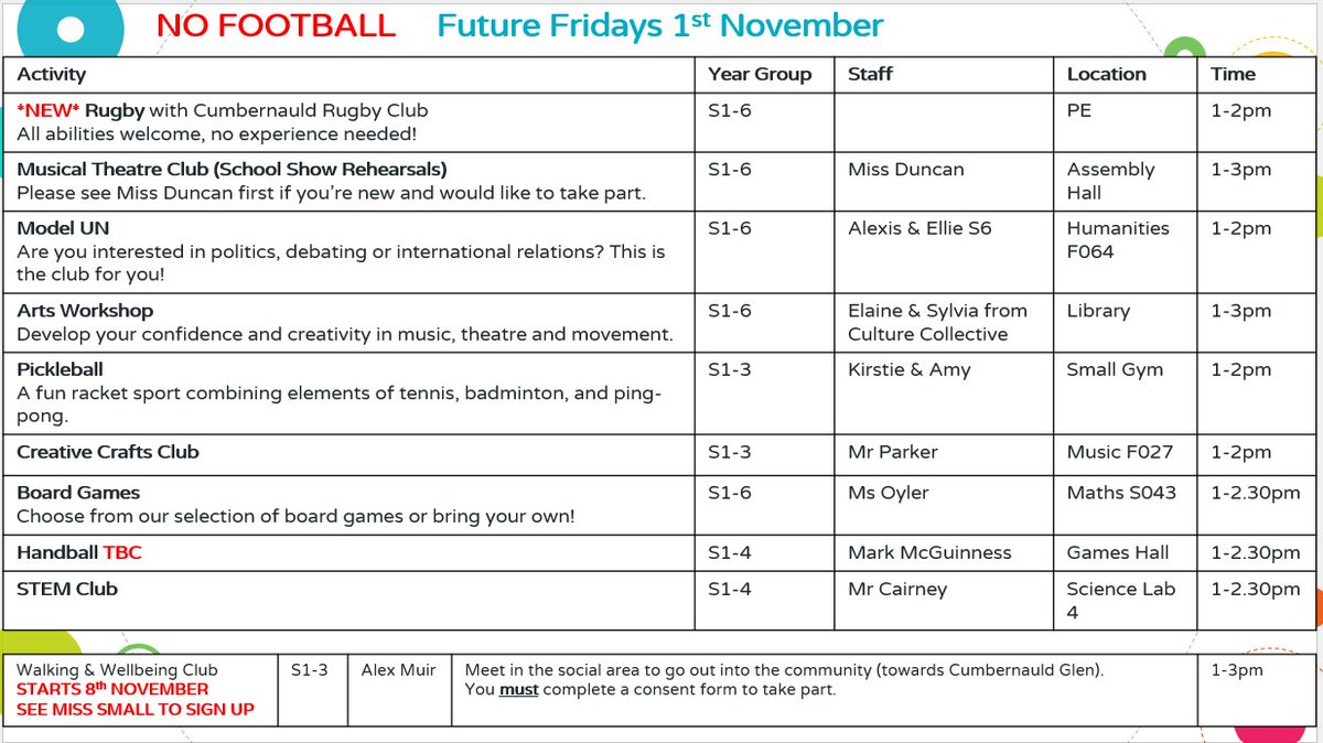 ⭐️FUTURE FRIDAYS 1ST NOV⭐️
<a href="/CumbernauldAcad/">Cumbernauld Academy</a> 
🏉Rugby
🤾‍♂️Handball
🏓Pickleball
🎭Arts Workshop
🎭School Show
🌎Model UN
🎨Crafts
🎲Board Games
👩‍🔬STEM

No Football this week!

🚶Walking &amp; Wellbeing Club starts 8th Nov

 Full details 👇