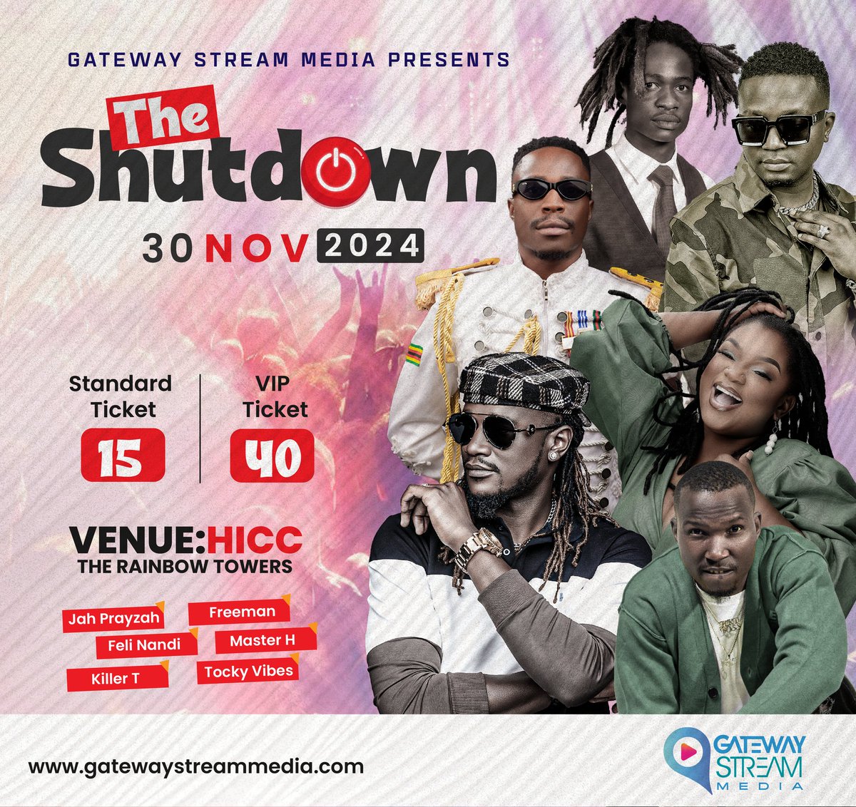 Harare 🔥 Get ready to #SHUTDOWN! 💥 Nov 30th with <a href="/jahprayzah/">Jah Prayzah</a>, Killer T , <a href="/NandiFeli/">Feli Nandi</a>, <a href="/realfreemanHKD/">GlamisArena25Oct</a>, <a href="/tockyvibesoj/">Tocky Vibes</a> , <a href="/MasterH_zw/">Master H</a> 

Ticket info dropping soon! 🎟️ #TheShutdownZW #GatewayStream
