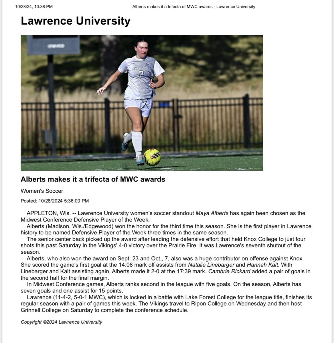 Congratulations to Alumni Maya Alberts for being chosen as the Midwest Conference Defensive Player of the Week for a 3rd time this season! Your Crusader family is so proud of you!