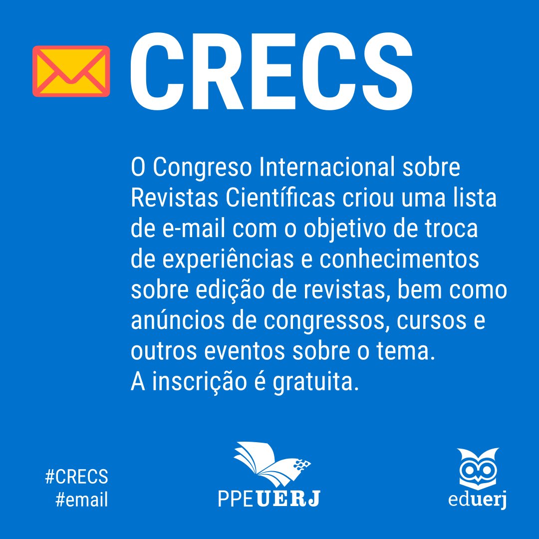ppeuerj's tweet photo. O CRECS (Congreso Internacional sobre Revistas Científicas) criou uma lista de e-mail com o objetivo de trocar experiências e conhecimentos sobre edição de revistas, bem como anúncios de congressos, cursos, etc. Inscreva-se! É gratuito.
https://t.co/7G0rcR23Vn
#revistacientífica https://t.co/A97XDkxaA3