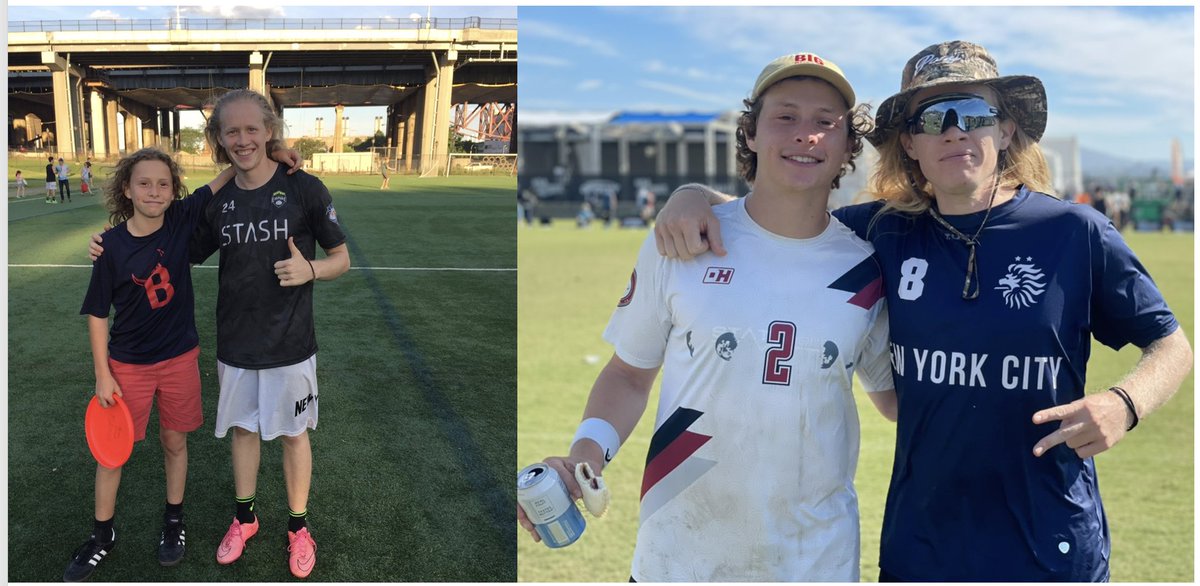 Picture on the left: my son Robin Vickers Batzdorf at age 14, with his frisbee hero,Harper Garvey. Picture on the right: a few days ago, Robin and Harper having just played against each other in the semifinals of the national championship. <a href="/RevolverIHD/">Revolver Ultimate</a> <a href="/PrideofNY/">PoNY Ultimate</a>