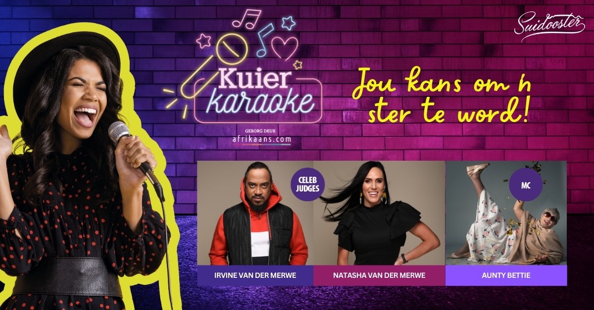 Kuier Tydskrif (@kuierofficial) on Twitter photo GEBORG: Dis nóú jou kans om jou sangtalent te wys. Gryp die geleentheid aan! Wie weet, jy is dalk die gaskunstenaar by Kuier se volgende event . Lees meer hier: bit.ly/3AjTlfe #KuierKaraoke <a href="/afrikaansdotcom/">Afrikaans.com</a> <a href="/suidoostertv/">Suidooster</a> #NatashavanderMerwe #IrvinevanderMerwe #AuntyBetty GEBORG: Dis nóú jou kans om jou sangtalent te wys. Gryp die geleentheid aan! Wie weet, jy is dalk die gaskunstenaar by Kuier se volgende event . Lees meer hier: bit.ly/3AjTlfe #KuierKaraoke <a href="/afrikaansdotcom/">Afrikaans.com</a> <a href="/suidoostertv/">Suidooster</a> #NatashavanderMerwe #IrvinevanderMerwe #AuntyBetty