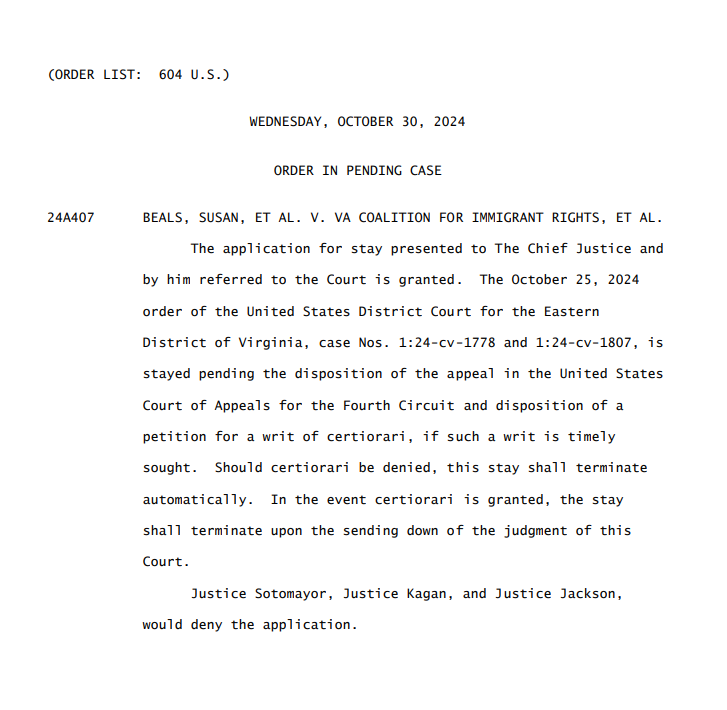 bykatiebuehler's tweet image. BREAKING: A 6-3 Supreme Court will allow Virginia to keep removing suspected noncitizens from its voting rolls, lifting an order that halted the program for violating a federal "quiet period" law. 
#SCOTUS Justices Sotomayor, Kagan &amp;amp; Jackson dissent.