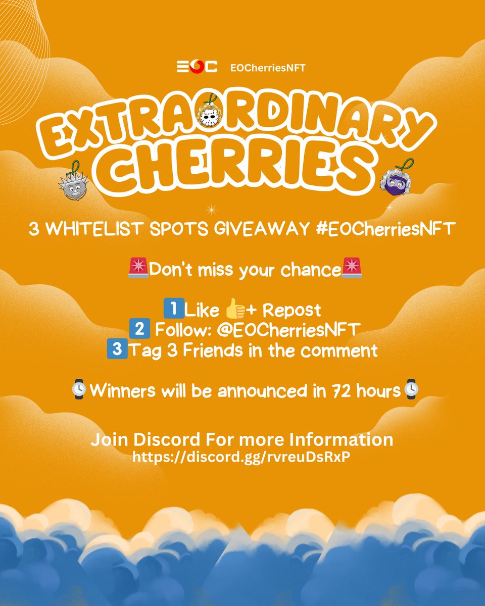 EOCherriesNFT's tweet image. 🎁 3 #WHITELIST SPOTS FOR #EOCherriesNFT 🎁

🚨Don't miss your chance🚨

1️⃣ Like 👍+ Repost +this tweet
2️⃣ Follow: @EOCherriesNFT
3️⃣ Tag 3 Friends in the comment 

⏰ Winners will be announced in 72 hours ⏰

#Whitelist #NFTMarket #extraordinarycherriesnft #Giveaway…