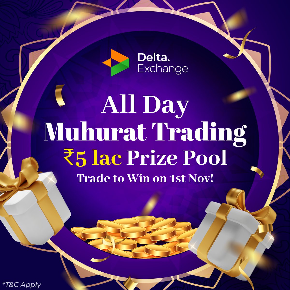 Delta_Exchange's tweet photo. Light up your Diwali with a chance to win big! 📈

Introducing All-Day Muhurat Trading Offer:

✅ Open &amp; close a position on 1st Nov, and you could win exciting prizes from a pool worth ₹5 Lakh!

Make your Diwali Muhurat even more auspicious! 🪔

#Diwali2024 #OptionsTrading #BTC https://t.co/oeppacOXNm