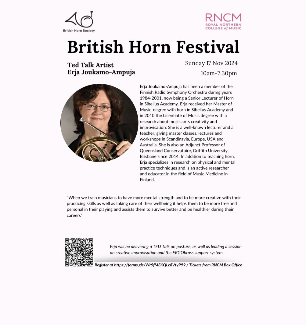 British Horn Society (@britishhorns) on Twitter photo Excited to announce one of our guest TED Talk speakers, the amazing Erja📯
Join us for an unforgettable day of horn playing at <a href="/rncmlive/">Royal Northern College of Music</a> Sunday 17 November 📯 Excited to announce one of our guest TED Talk speakers, the amazing Erja📯
Join us for an unforgettable day of horn playing at <a href="/rncmlive/">Royal Northern College of Music</a> Sunday 17 November 📯