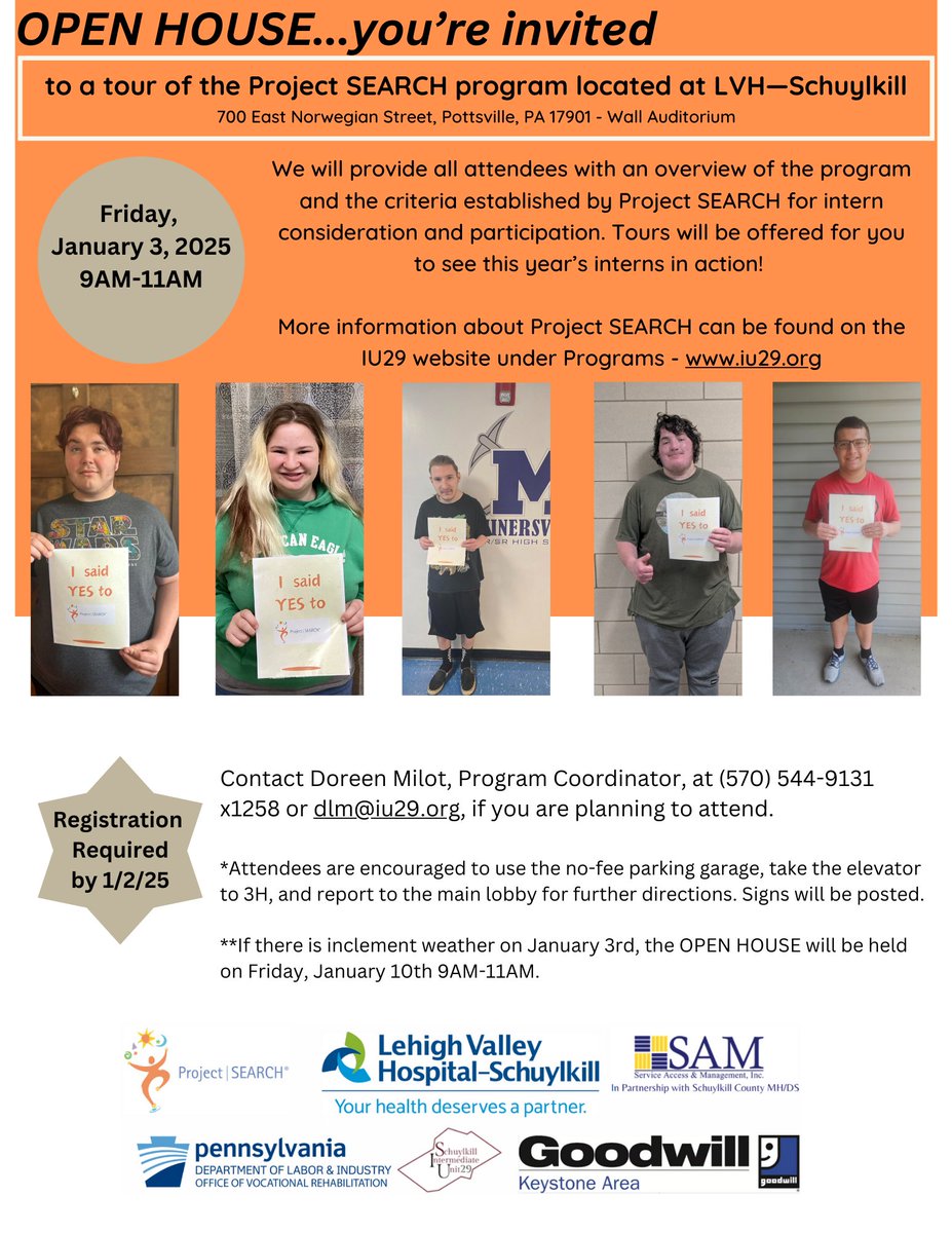 You're invited to a tour of the Project SEARCH® program.

We will give all attendees an overview of the program and the criteria established by Project SEARCH® for intern consideration and participation. Then, we will offer tours to see this year's interns in action!