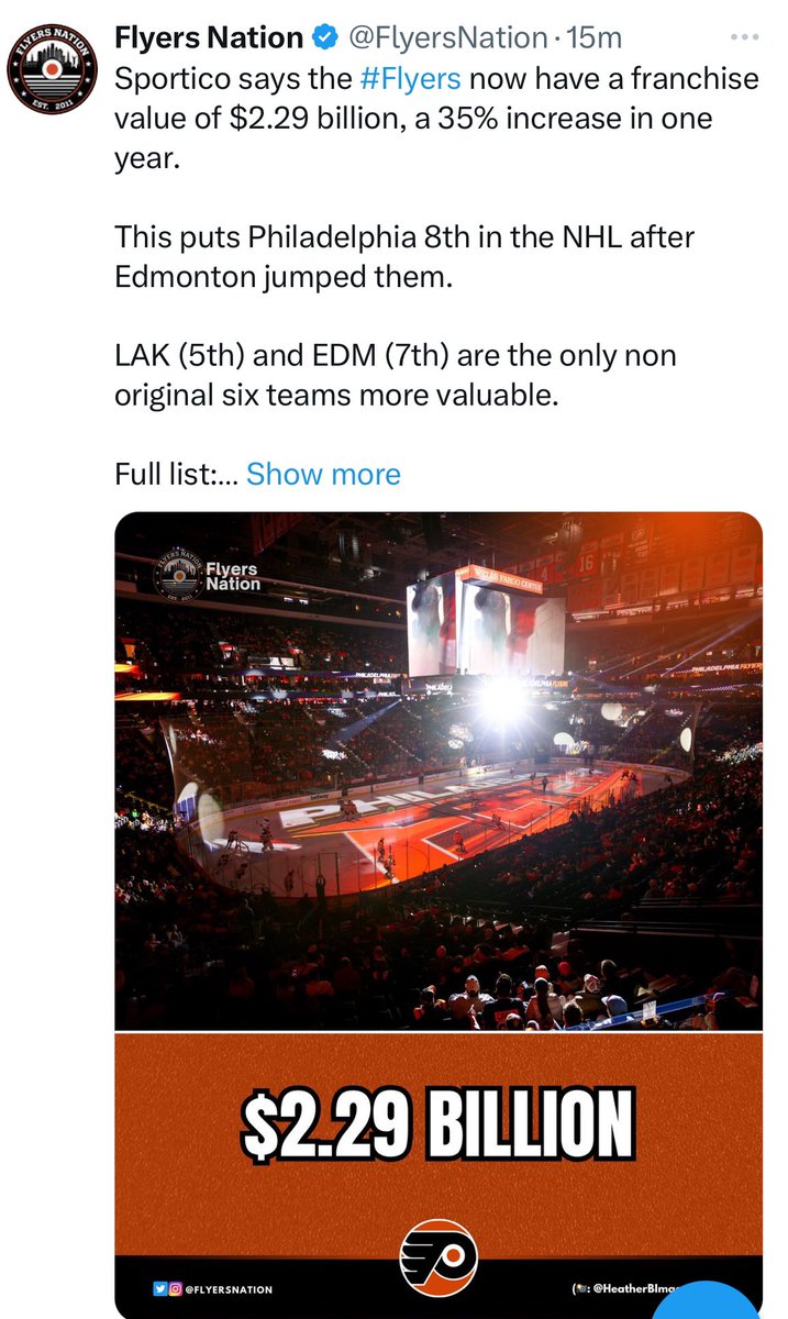 BHwatts04's tweet photo. @JoyOnBroad Fans/media have being entirely too generous with the @NHLFlyers org for too long. They’ve put up a bad product for well over a decade while generating billions of dollar #LetsGoFlyers @FlyersNation https://t.co/aeW2JdHRlH