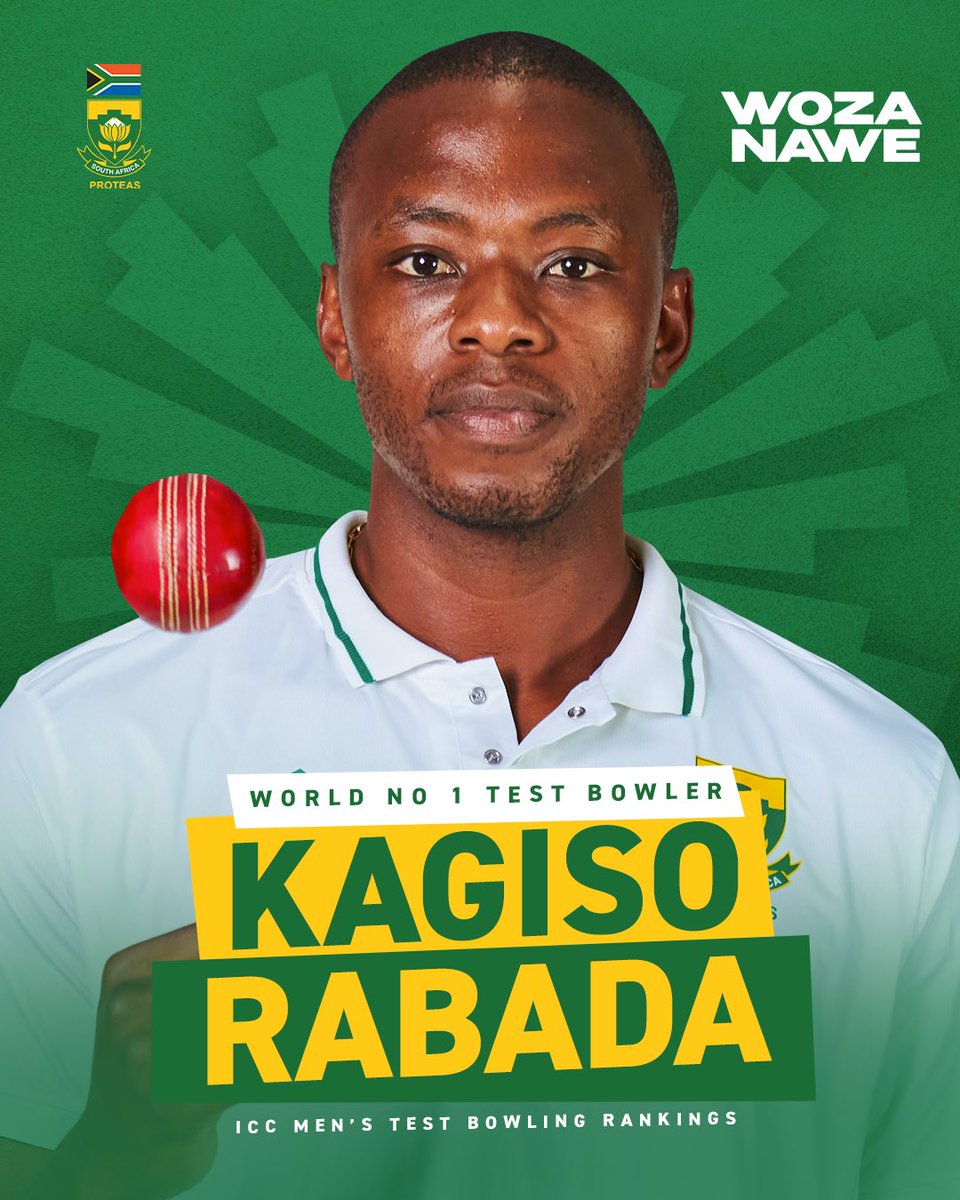 Kagiso Rabada on top of the world! 🏅🌍

Our Proteas pace machine has claimed the #1 spot in the ICC Men’s Test Bowling Rankings! 🇿🇦👏 With every fiery delivery, he’s shown why he’s the best in the game.

Proudly South African, proudly Kagiso Rabada! 🏏💥

#WozaNawe #BePartOfIt