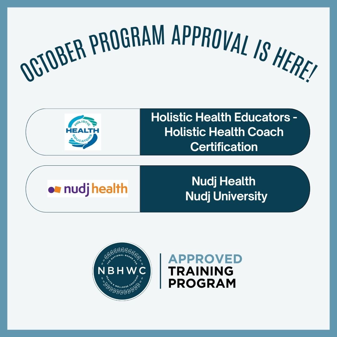 Exciting News! 🎉 Our Approved Training Programs are here this month! Ready to elevate your coaching journey? Dive into our trusted programs designed to set you up for success. 🌟 #WellnessCoaching #ApprovedPrograms #NBHWC
