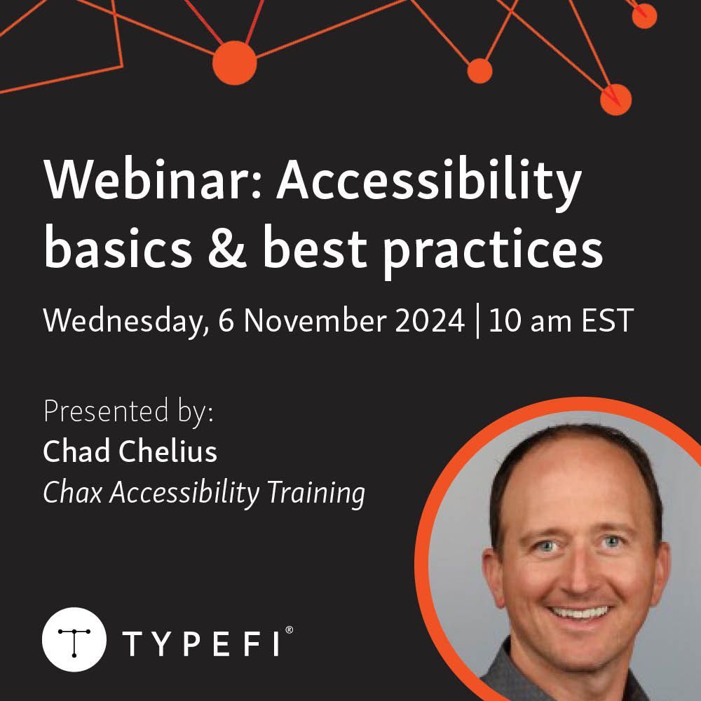 typefi's tweet photo. 🎓 Learn #accessibility from an expert! Join our free webinar on 6 November, hosted by @chadchelius, to learn fundamentals, best practices, and a few ways to achieve accessibility with #InDesign and #PDF files.

Register today: https://t.co/0j2fshHbo2

#a11y #AccessiblePublishing https://t.co/gEUuXGG15d