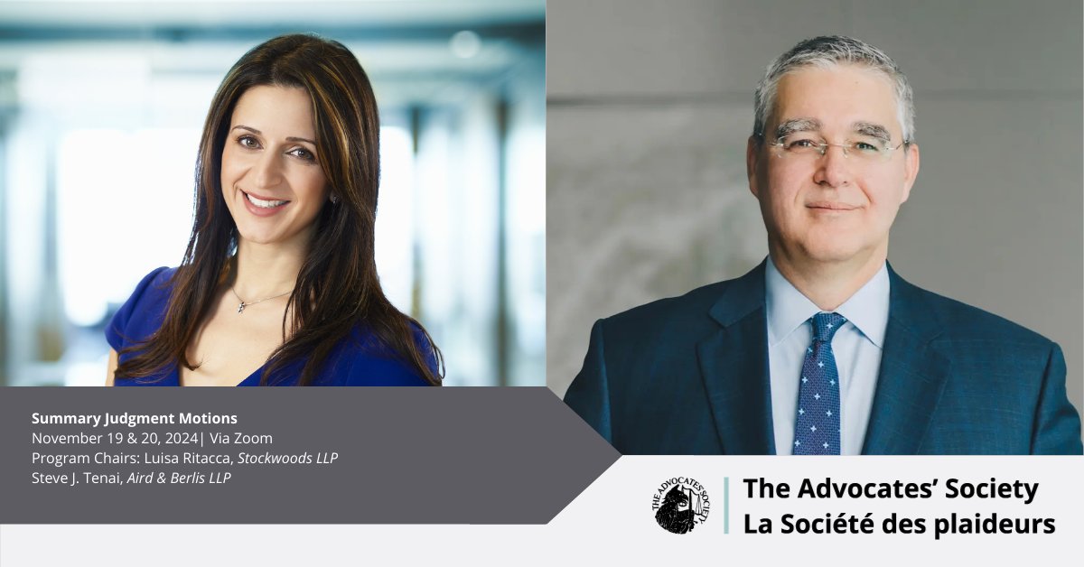 Advocates_Soc's tweet photo. Summary Judgment Motions demand strategic thinking, meticulous preparation, and persuasive advocacy...and that’s just to get them scheduled! Join Luisa Ritacca &amp; Steve Tenai for this expert-led program to master this powerful and challenging tool. #TASCPD https://t.co/4SXkjTAN7A https://t.co/f4g0moG8Qk