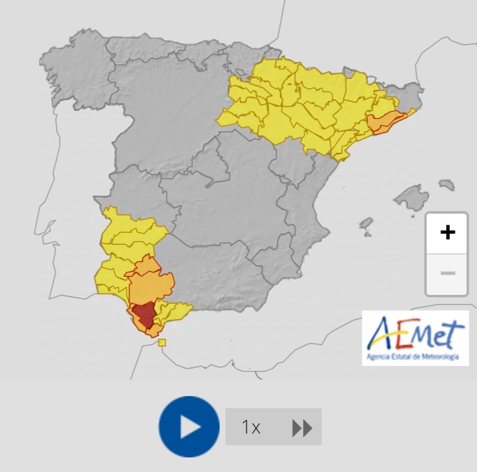 Vuelve el color rojo 🔴 al mapa de avisos de <a href="/AEMET_Esp/">AEMET</a>. Activado en la campiña gaditana. ‼️ Mucha precaución en #Cadiz, #Sevilla y #Barcelona en las próximas horas‼️ El episodio de lluvias fuertes asociado a la #DANA (ahora una BFA) no ha terminado.