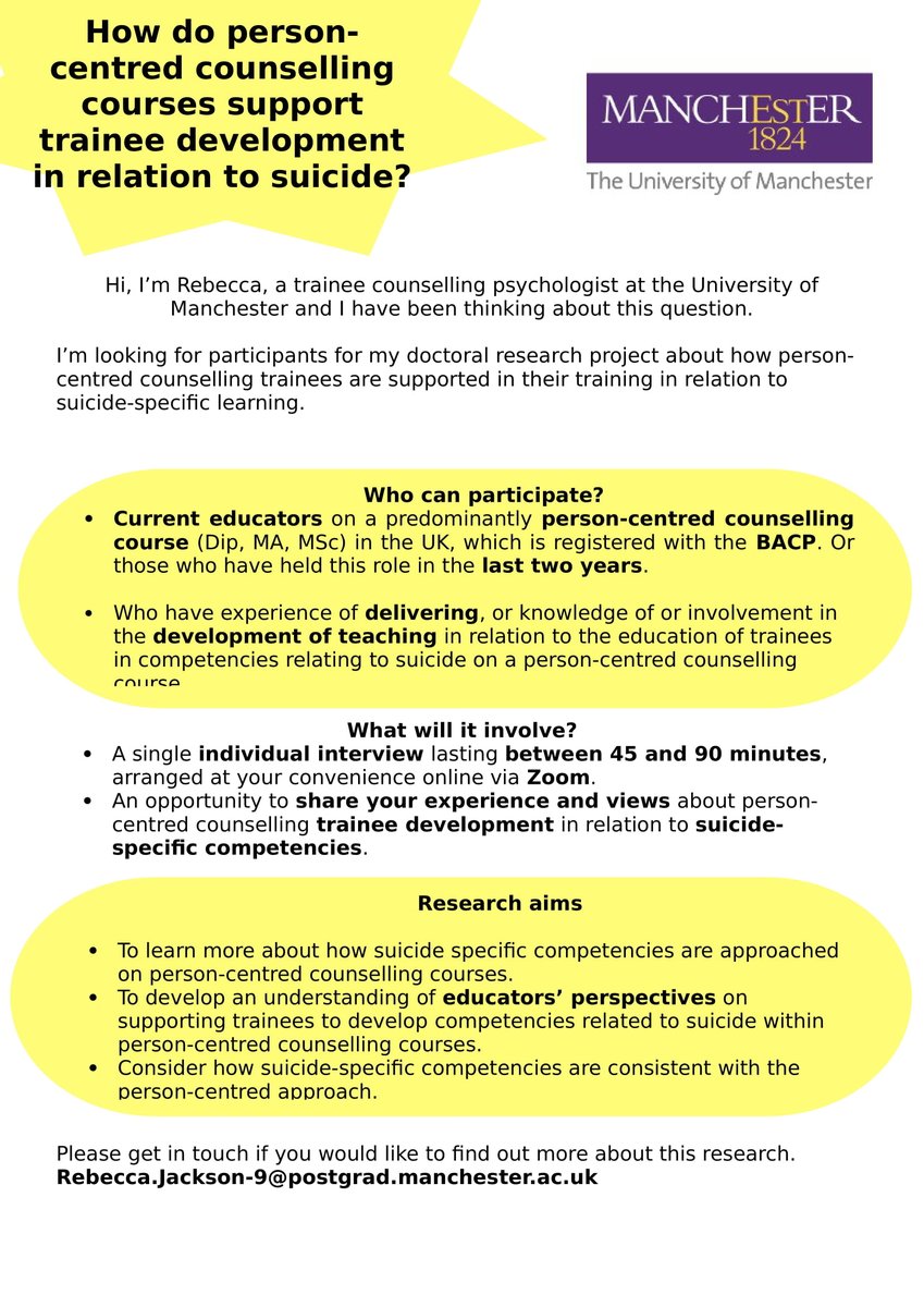 I am in search of person-centred counselling educators who are willing to participate in an interview as part of my doctoral research. Please see the attached advert for more details and for contact information. #TherapistsConnect #research