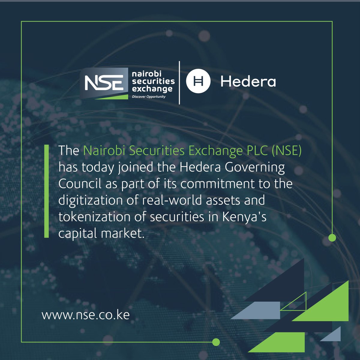 1/4 The <a href="/NSE_PLC/">NSE PLC</a>  has today joined the Hedera Council as part of its commitment to the digitization of real-world assets and tokenization of securities in Kenya's capital market.
<a href="/hedera/">Hedera</a> 
<a href="/mwiti_frank/">Frank Mwiti</a>