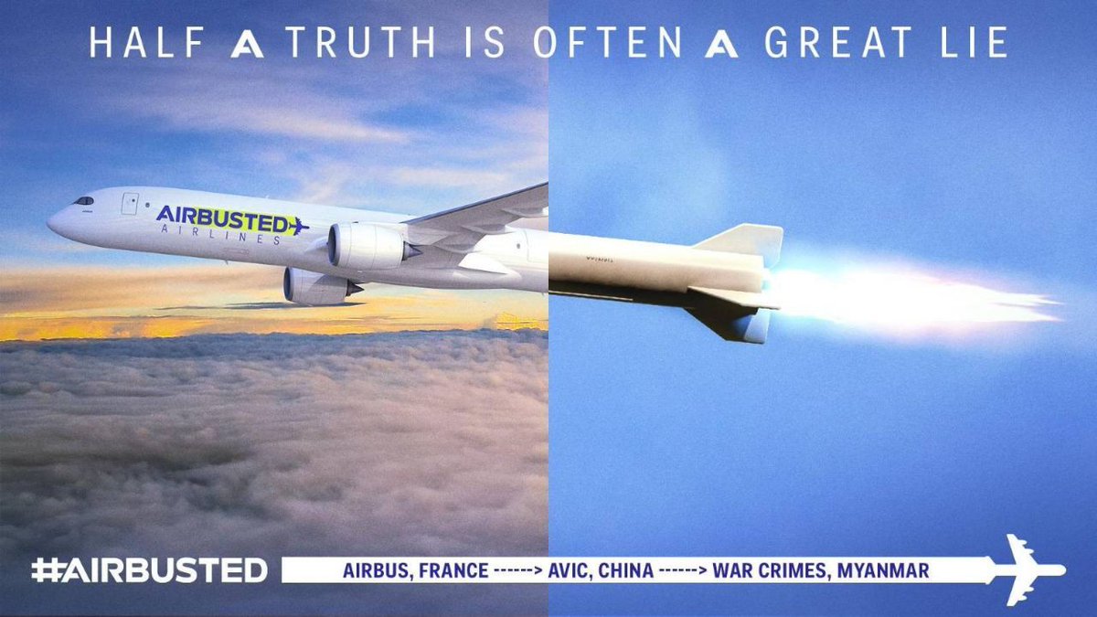 FNCCBurma's tweet photo. @Airbus believes the world is a beautiful place—yet one of its key
business partners is helping a brutal junta carry out war crimes in
Myanmar. 
#AirBus2AirStrikes  #Airbusted  #WhatsHappeningInMyanmar https://t.co/aeiaM3pl8I