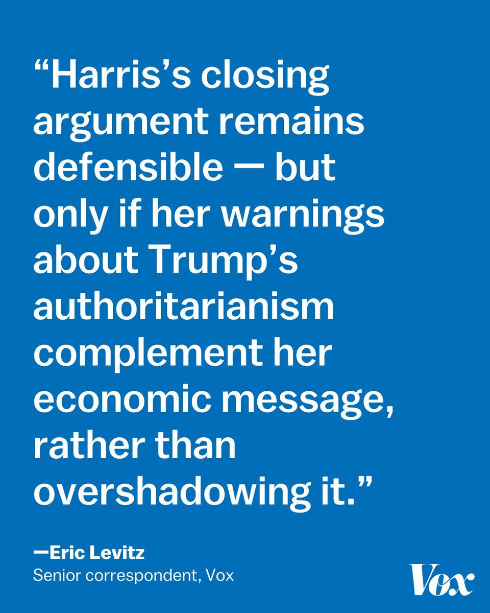 voxdotcom's tweet photo. Recent research suggests that “undecided voters are less responsive to negative messages about Trump’s authoritarianism than positive ones about Harris’s economic agenda," writes @EricLevitz.

Read on: https://t.co/BejiovqA3m https://t.co/cuyublWLlT