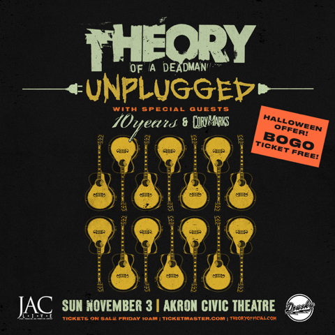 akroncivic's tweet photo. Halloween Offer on Theory Of A Deadman Unplugged at the Akron Civic Theatre November 3. Tickets are Buy One Get One Free until October 31 at 10 PM! Don't miss out on this great deal! Tickets at the link below, no code required.
📷https://t.co/AtKyswYk3B https://t.co/XVAryE8kg1