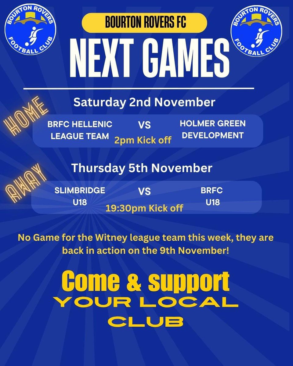 ✨Games this week✨
Clocks have gone back but the games are still coming! 
Come on down and support your local team!
Come and sit in our stand with a freshly ground coffee, tea, hot chocolate or even a pint! ☕🍺⚽️💙💛
See you there!