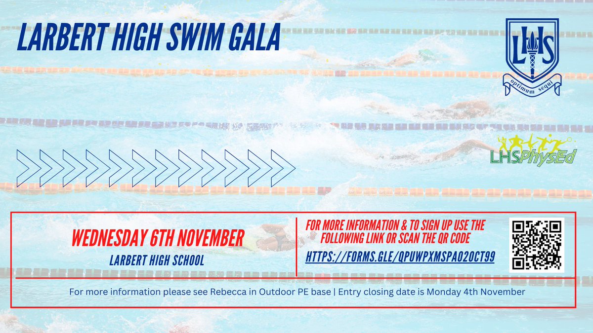 LHS Sport 🏏🎾⚾🏀⚽ (@larbert_sport) on Twitter photo 🏊Larbert High Swim Gala🏊♂️
Our <a href="/LarbertHigh/">Larbert High School</a> swim gala is back next week!
Wednesday 6th November
For more information & to sign up please use the following link 👇
forms.gle/rLsGsDCaWQQWtM… 🏊Larbert High Swim Gala🏊♂️
Our <a href="/LarbertHigh/">Larbert High School</a> swim gala is back next week!
Wednesday 6th November
For more information & to sign up please use the following link 👇
forms.gle/rLsGsDCaWQQWtM…