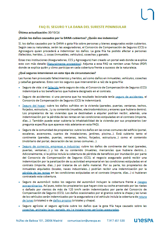 UNESPA ha elaborado una FAQ en el que explica cómo actúan las aseguradoras, <a href="/consorseguros/">CCS</a> y <a href="/agroseguro/">Felipe Yupa</a> ante la #DANA de Valencia. Por favor, ayúdanos a difundirla. ¡Gracias! #CambioClimático