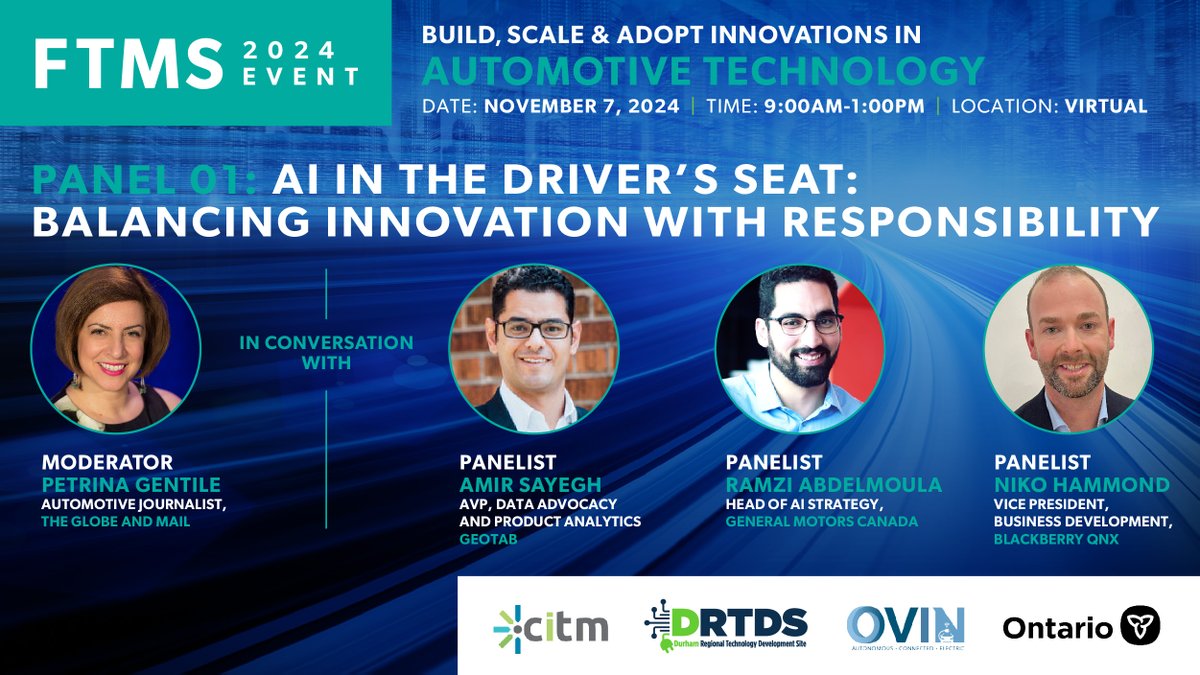 On Nov 7, FTMS is bringing you a captivating panel discussion that explores AI's impact on automotive performance, safety, ethics, and the future of electrification. Check out this + the full line-up of events &amp; register at ftms.citm.ca.