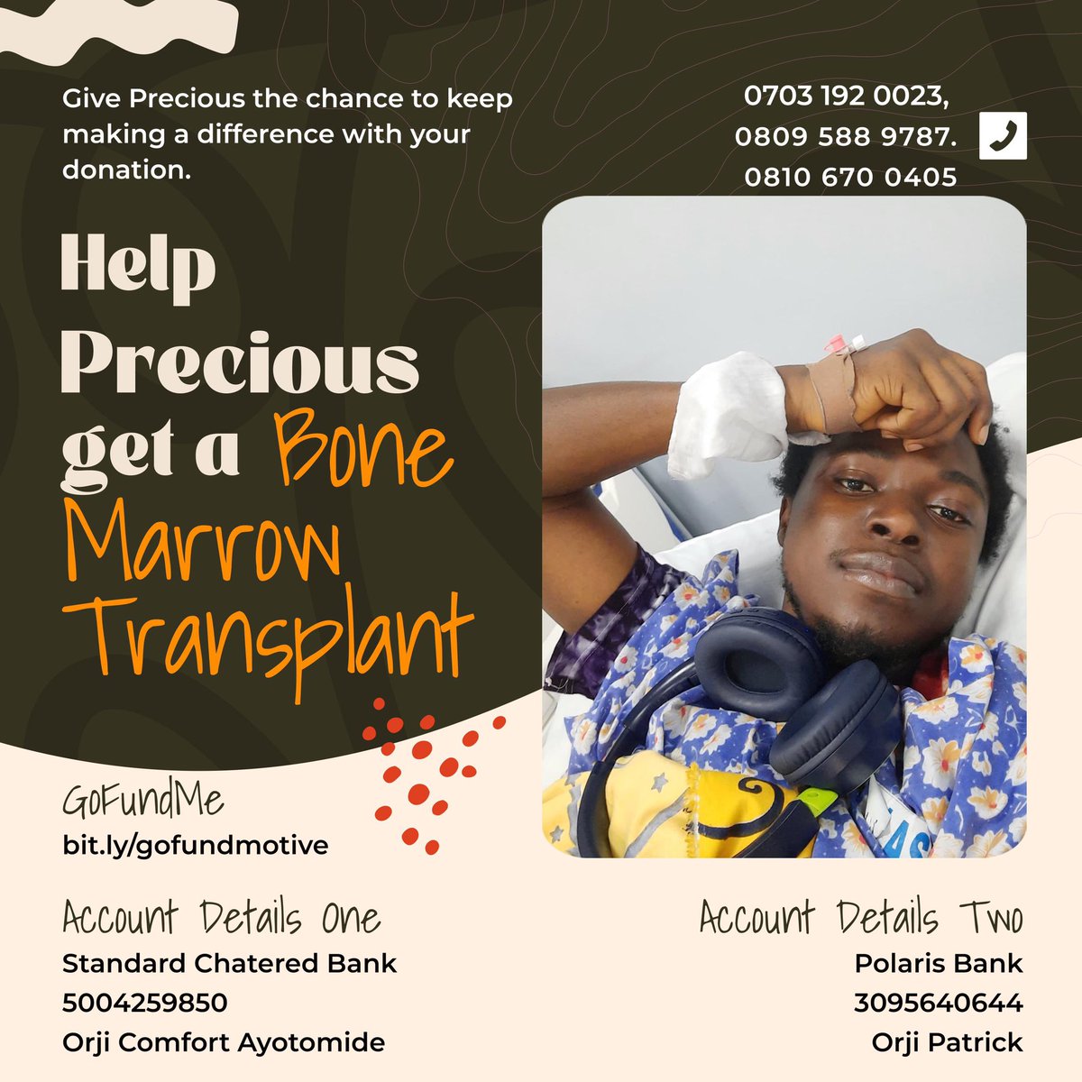 We are no where close to our goal for Precious Orji’s bone marrow transplant. 

Please help us save Precious, 
we want him back on his feet making his delicious food, making light bants and helping people in the little way he can, because that is what Precious lives for.
