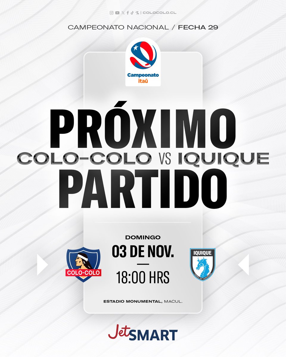 ColoColo's tweet photo. 𝐅𝐄𝐂𝐇𝐀 𝟐𝟗 – 𝐏𝐚𝐫𝐚 𝐦𝐚𝐧𝐭𝐞𝐧𝐞𝐫 𝐞𝐥 𝐢𝐧𝐯𝐢𝐜𝐭𝐨 🤟

Este domingo a partir de las 18:00 horas recibiremos a Deportes Iquique en el estadio Monumental, donde buscaremos seguir en la cima del Campeonato Nacional ⚪⚫

Presentado por @VuelaJetSMART https://t.co/YfhicnpP8Z