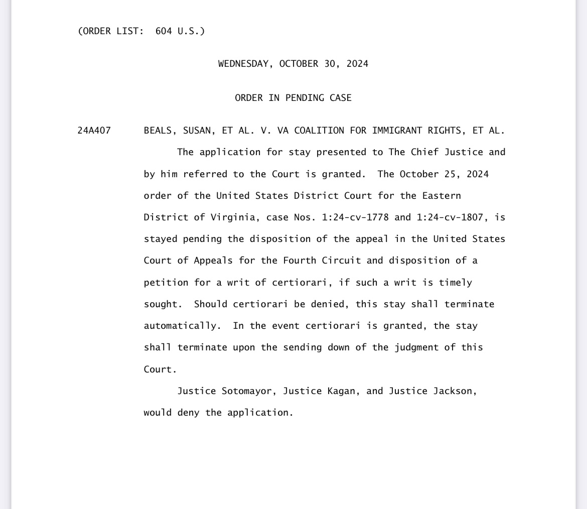 seanmdav's tweet photo. BREAKING: In an apparent 6-3 ruling, the Supreme Court has blocked the attempts of Democrats to allow non-citizens to vote in Virginia. Democrats sued to force Virginia to keep on the voting rolls self-admitted non-citizens who are ineligible to vote. https://t.co/Wqf70Snqyz