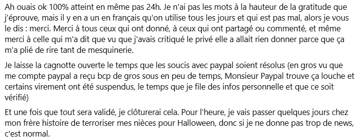 100% de la cagnotte atteint en moins de 24h. Comme quoi on peut faire front commun de temps en temps :) 
Merci à tous.